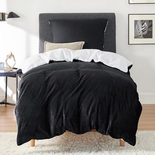 BEDSURE Flauschige Bettwäsche 135×200 Schwarz – Winter Bettbezug Fleece mit 80×80 cm Kissenbezug, Warme Bettwäsche-Sets mit Reißverschluss, Kuschel Waffelpique Winterbettwäsche für Einzelbett