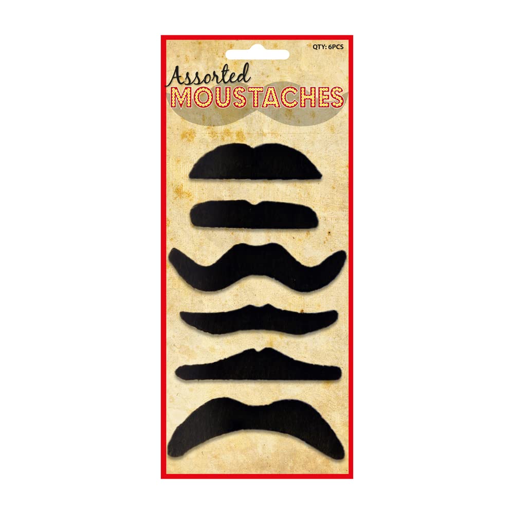 HD NoveltyMen's Fake Moustache Black 6-Piece Set Self-Adhesive Fake Mustache for a Variety of Costumes & Theatrical Disguises Great for Halloween, Cosplay, Parties