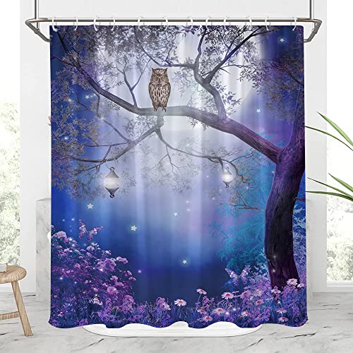 Moon Owl Shower Curtain Enchanted Forest Bird Flower Butterfly Fantasy Fairy Tree Lanterns Night Sky Scenery Polyester Fabric Girls Bathroom Curtains Decor Set With 12 Pcs Hooks,70 X 70 Inches #TOP1