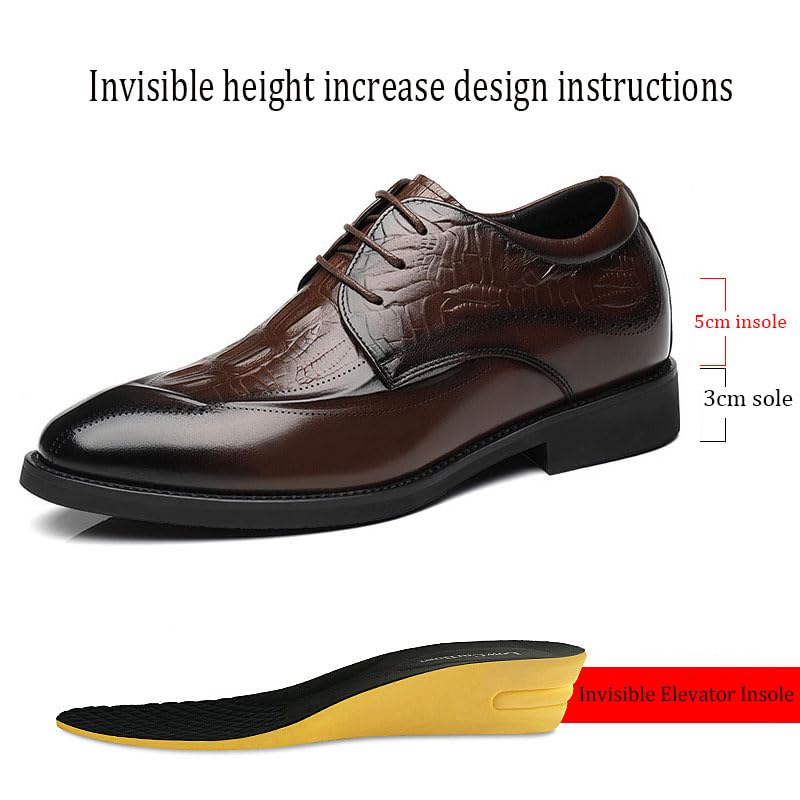 Mens Fashion Invisible Height Increasing Lace-Ups Leather Brogues Business Wedding Dress Shoes, 3.14'' Taller4