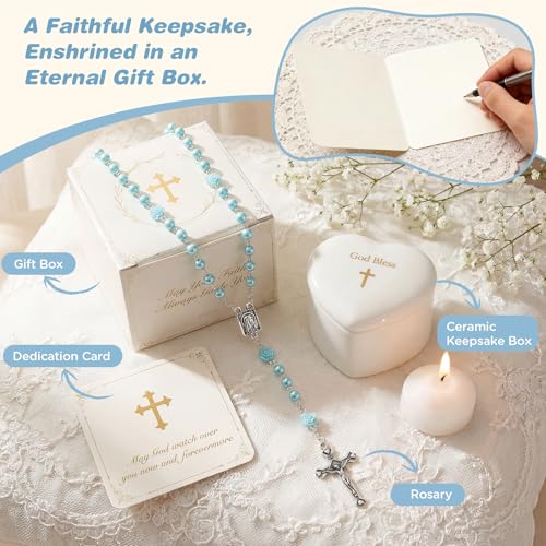Image of NORBU Baptism Gifts for Girl, My First Rosary with Ceramic Keepsake Box, Rosary for Kids, First Communion & Baby Dedication Gifts for Newborn Baby Boys Catholic Christening Gift
