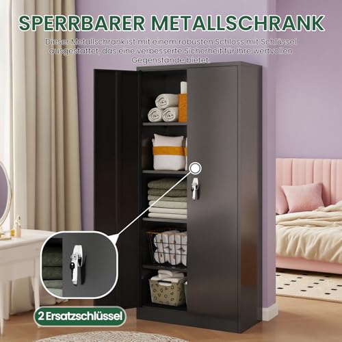 kavey Aktenschrank, Mehrzweckschrank, Büroschrank mit 4 Abnehmbaren Einlegeböden, Aktenschrank abschließbar für Lagerhaus, Garage, Zuhause, 180 x 80 x 40 cm, Schwarz