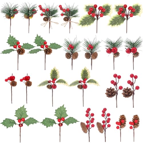 MWOOT 24 peças ramos de pinheiro artificiais, palhetas de pinheiro Natal com bagas vermelhas ananás folhas de azevinho sinos, ramos de abeto para grinalda árvore de Natal mesa decoração da casa