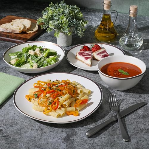 Image of Gibson Elite Kings Road Double Plates and Bowl Organic Round Porcelain Chip and Scratch Resistant Dinnerware Set - Matte White w /Gold Rim