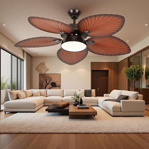 DWVO 52" Tropical Ceiling Fan with Light & Remote, LED Tri-Color Temperature, 5 Blade Ceiling Fans Reversible 6 Speeds w/Quiet DC Motor, 6'' & 12'' Downrods for Bedroom, Living Room