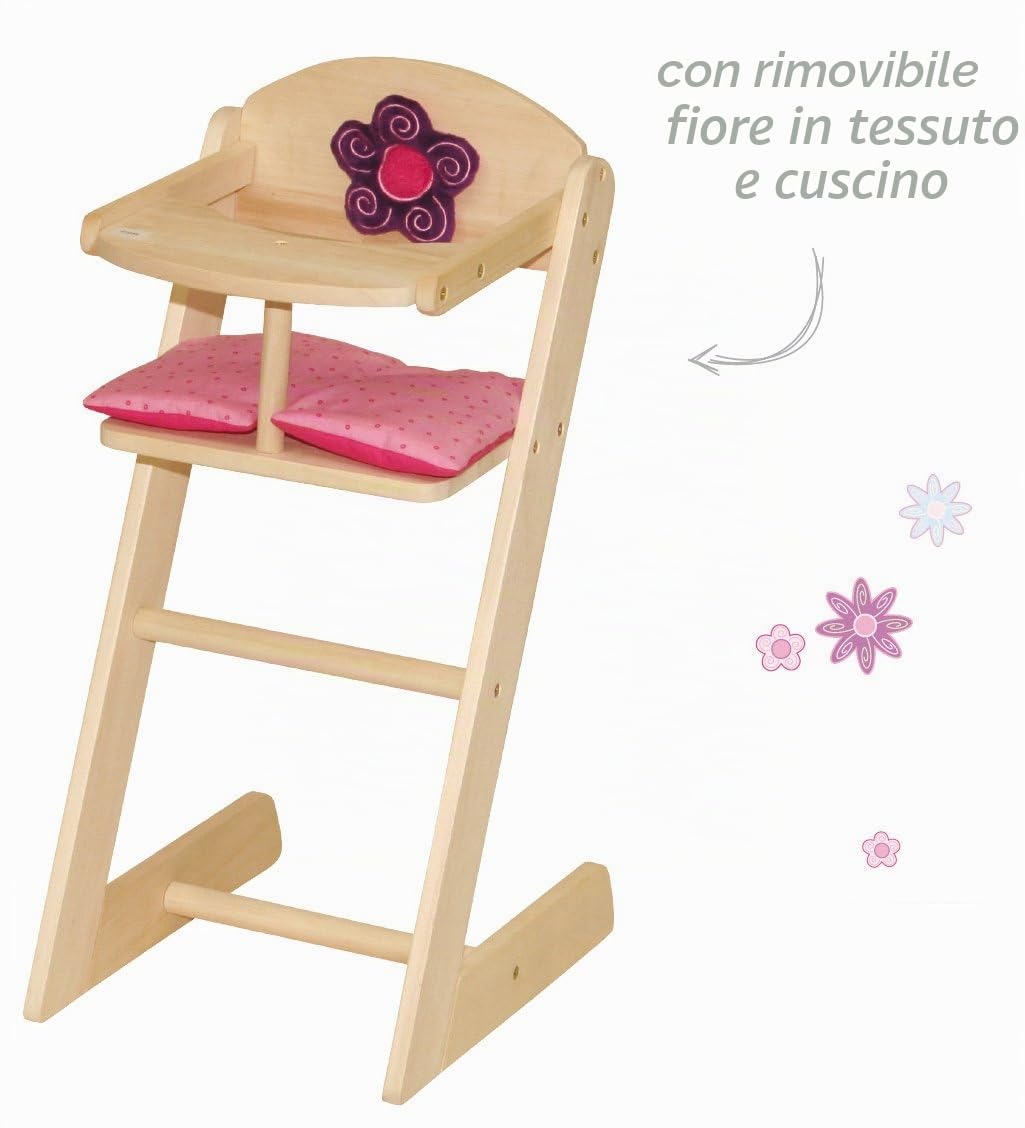 roba Seggiolone per Bambole Happy Fee, con Fiore, Legno Naturale, Cuscino Rosa