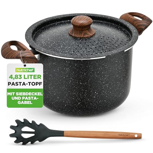 NutriChef 4.7L Nudeltopf mit Siebdeckel – Induktionstöpfe Antihaft Schwarz Marmor Mit Pastaheber...