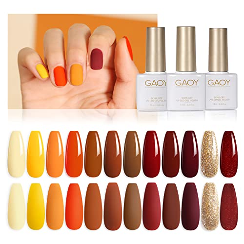 GAOY 15 Pcs Gel Nail Polish Kit, Red Yellow Orange Brown Fall Colors UV Gel Nail Polish Set with Glossy & Matte Top Coat and Base Coat for Nail Art Home DIY Gel Nail Kit