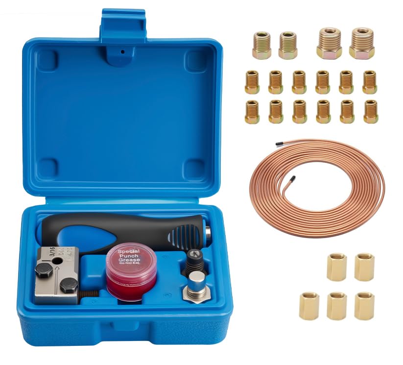 Ghekkli Outils D'évasement de Tuyaux de Freins, 7,62m Ø 4,75mm Kit Réparation Tuyau de Frein, 16 Connecteurs+5 Raccords+Conduite de Frein, pour Conduites de Frein ou...
