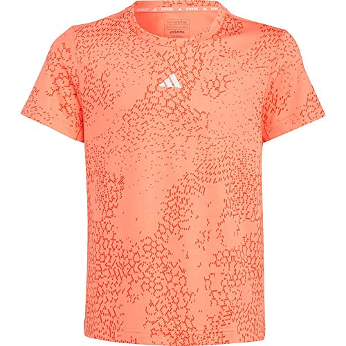 adidas Girl's AEROREADY 3-Stripes Allover Print Tee, Coral Fusion/Preloved Red/Reflective Silver, 7-8 Years