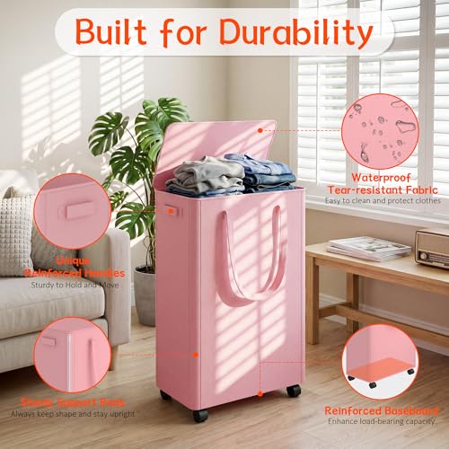 Image of Slim Laundry Hamper with Wheels,15 Gal (55L) Rolling Laundry Basket with lid and wheels Clothes Hamper Foldable Tall Dirty Clothes Basket Sturdy Collapsible Clothes Hamper for Dorm,Laundry Room
