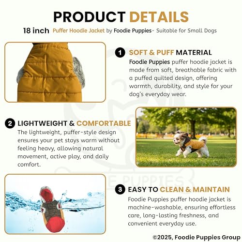 Image of Foodie Puppies Dog Puffer Hoodie Warm Winter Jacket - (Yellow Olive, 18 Inch) for Small Dogs | Ultra Warm Waterproof & Windproof Fur Coat | Washable Pet Vest Apparel for Cold Weather
