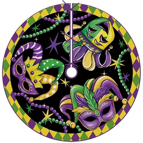 Fzbali Mardi Gras Joker Mask Christmas Tree Skirt, 48 Inches Lace-up Jester New Orleans Carnival Beads Tree Skirt, Masquerade Holiday Party Indoor Decoration Home Decor Cover