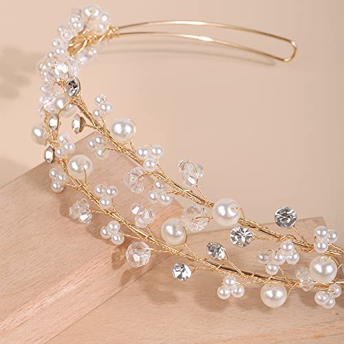 Kercisbeauty Wedding Bridal Pearl and Crystal Hair Tiaras Boho Cute Beaded Princess Crown Banquet Party Special Occasion Handmade Jewelry for Women Girls (Gold) - Image 2