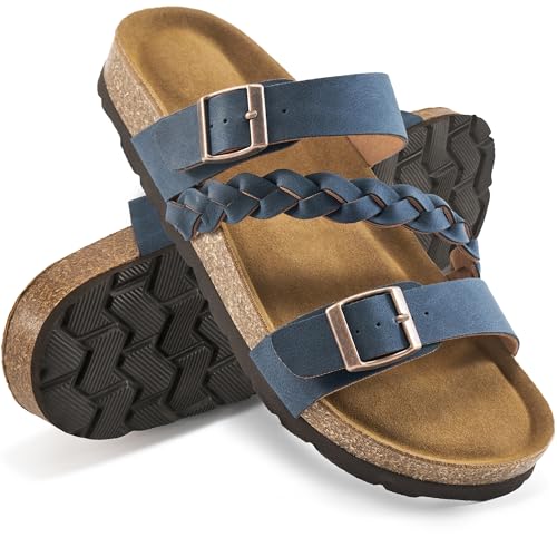 Image of HARENCE Flat Sandals for Women 2026 Comfort Cork Footbed with Adjustable Buckle Summer Slides for Women for Vacation Walking