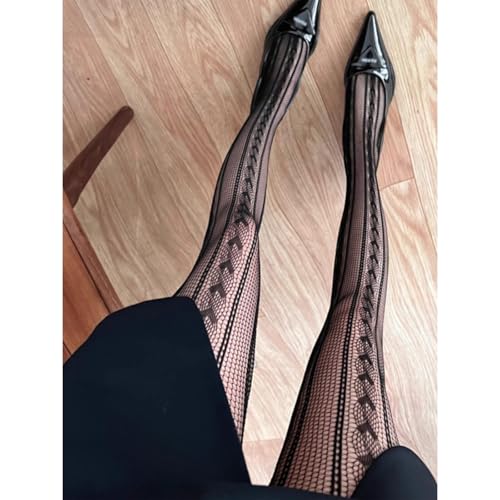 Image of Black Sheer Tights Y2K High Waist Pantyhose with Bows Patterned Stockings for Women