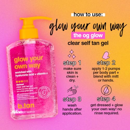 Image of b.tan Dark Clear Self Tanner Gel | Glow Your Own Way - Best Transfer Resistant, Ultra Quick Bronze, Gradual Sunless Tanning Lotion, Deep Moisturizer, No Fake Tan Smell, 16 Fl Oz