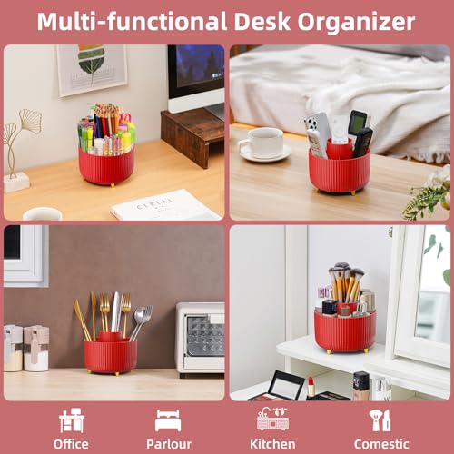 Image of Marbrasse Desk Organizer, 360-Degree Rotating Pen Holder for Desk, Desk Organizers and Accessories with 5 Compartments Pencil Organizer, Art Supply Storage Box Caddy for Office, Home (Red)