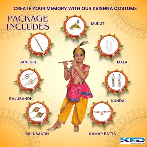 Image of Kaku Fancy Dresses Krishna Costume With Dhoti For Boy /Janmashtami /Bal Gopal Dress /Kanha Costume /Bal Krishna /Mythological Costume For Boy - Yellow-Red, 1-2 Years