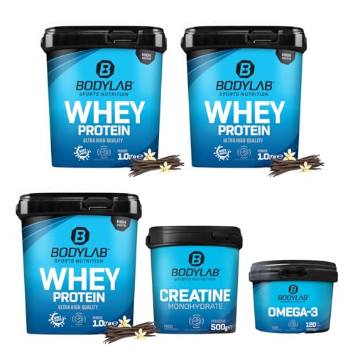 Bodylab24 5Für2 Protein-Powerpack, 3x Whey Protein Vanille, 1x Creatine Monohydrate, 1x Omega-3 (120 Kapseln), kann den Aufbau und Erhalt von Muskelmasse* unterstützen