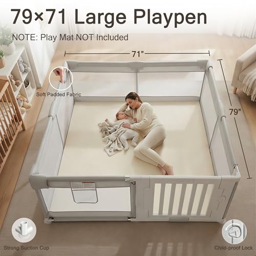 Image of 79 inch x71 inch Baby Playpen with Gate, Large Baby Play Pen for Babies and Toddlers, Infant Fence Play Yard with Door for Living Room, Anti-Fall, Breathable Mesh