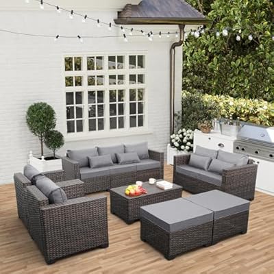 Valita 7 Pieces Patio Furniture Set,9-Seats Outdoor Wicker Sectional Sofa Brown Rattan Modular Patio Conversation Chair Set with Storage Table,Washable Cushions(Grey)