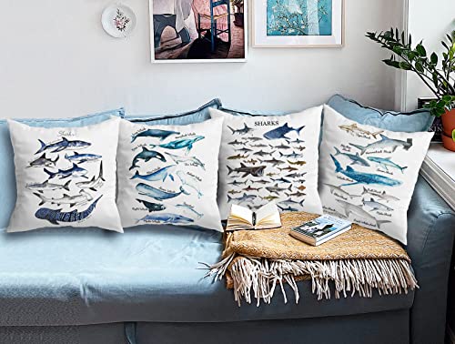 Znzd Watercolor Sharks And Whales Rustic Marine Life Pillow Case,Decorate Coastal Beach House Home Kids Room Nursery,Shark Whale Lovers Kids Teens Adults Gifts,18X18 Inch Throw Pillow Covers Set Of 4 #TOP1