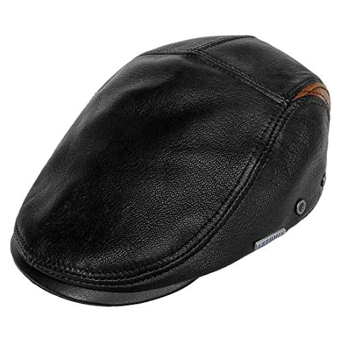 LETHMIK Genuine Deerskin Flat Cap Irish Newsboy Ivy Hat Unique Cabbie Driving Cap Black & Brown-XXL Cover
