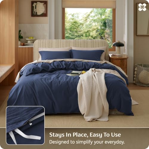 Image of Bedsure 100% Washed Cotton Duvet Cover Oversized King Size - Navy Minimalist Bedding Set Linen Like - PureWoven Plain Simple & Soft Comforter Cover for All Seasons (Navy, Oversized King, 120 inchx98 inch)