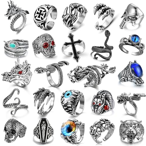 EIELO 24Pcs Vintage Punk Rings Set for Men Cool Gothic Chunky Rings Statement Snake Claw Skull Dragon Eyes of Hell Open Boho Ring Set