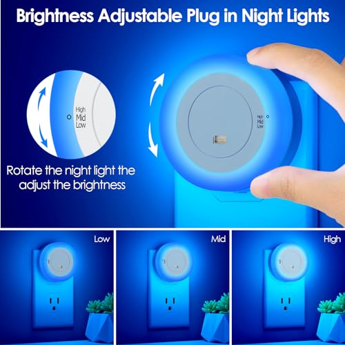 Image of FOLKSMATE 2-Pack LED Night Lights Plug in Dimmable with Sensor Blue | Nightlight Plug Into Wall Adjustable for Adults & Kids Room Bedroom Bathroom Living Room Kitchen Stairway