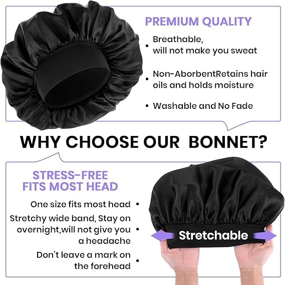 Image of 4 Pcs Double Layer Reversible Satin Bonnet, Large Sleeping Hair Bonnet, Soft Night Sleep Cap for Men, Women, Curly Hair and Braids, Black, Navy, Royal Blue, Wine Red
