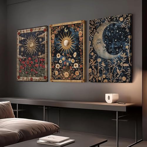 Dark Sun and Moon Celestial Wall Art Spiritual Gothic Tarot Wall Decor Painting Witchy Astrology Mystical Poster Canvas Prints Artwork for Bedroom Living Room 12x16 inch Framed - Image 3