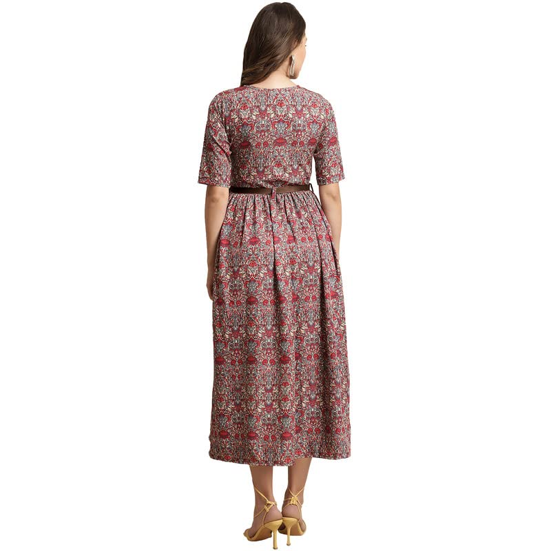 Preneum Women's Georgette Floral Printed 3/4 Slevees A-Line Fit & Flare Gown With Beltindo-Western Ethnic Gown || A-Line Maxi Dress Casual Wear || Fit & Flare Flared Hem Design, Radish, 2Xl