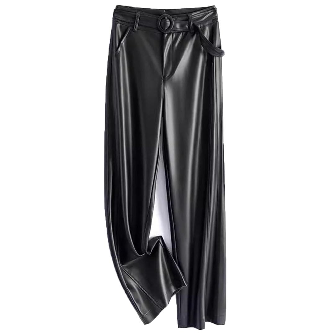 Pantalones de cuero para mujer, cintura alta, sueltos, casuales, pantalones rectos de negocios