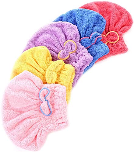 5 Pack Bowknot Microfiber Hair Drying Towels,Fast Coral Velvet Drying Long Hair Turban Wrap,Absorbent Twist Turban Princess Shower Cap for Women and Children (Bowknot Hair Drying)