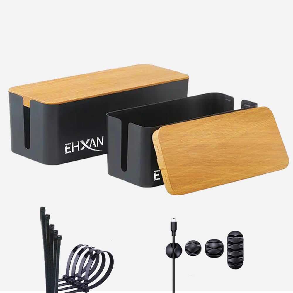 Cable Management Boxes Set of 2 (Large + Extra Large) with Bamboo Lid, Power Cord Organizer, Wire Storage box for Home or Office Desk, Includes Cable Clips and Ties with Bamboo Cover Black Case