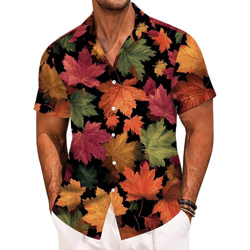 Men's Hawaiian Button Down Shirt, Autumn Maple Leaves Print Halloween Thanksgiving Short Sleeve Trendy Fun Shirt for Men