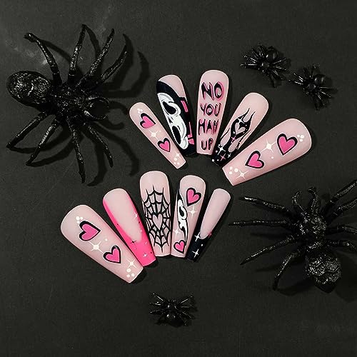 Clataly Halloween Demon Pumpkin Ghost False Nails Bloody Heart Flowing Clown Fake Nails Stars Moon Artificial Nails Press On False Nails (E) - Image 3