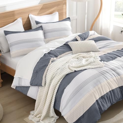 Litanika Comforter Set California King Size Blue Yellow - 3 Pieces Lightweight Blue Yellow White Colorblock Stripe Fluffy Bedding Comforter Sets, All Season Bed Set