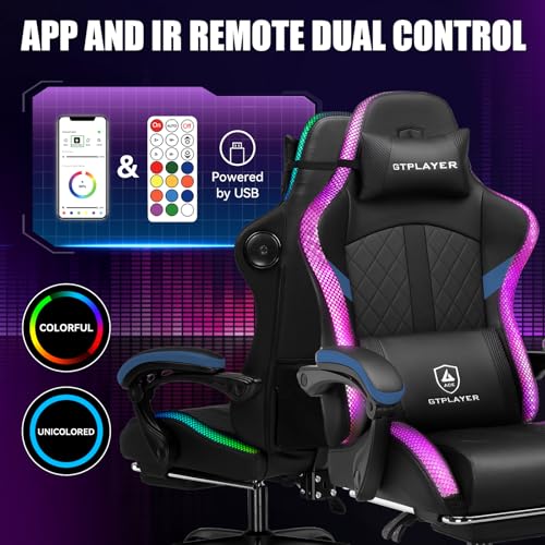 Image of GTPLAYER RGB Gaming Chair with Speakers - LED Computer Game Chair for Adults, PC Home Office Chairs with Footrest & Lights, Reclining Desk Chairs, Blue