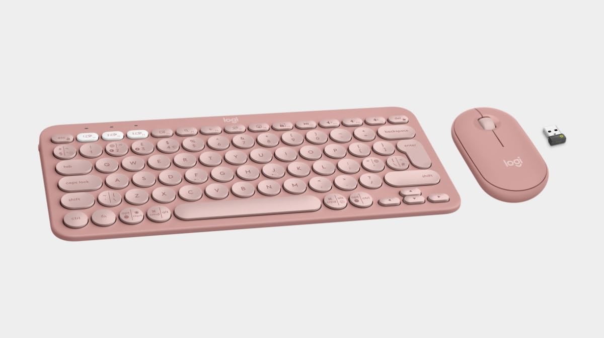 Logitech Pebble 2 Combo, bezprzewodowa klawiatura i mysz, cicha i przenośna, konfigurowalna, Logi Bolt, Bluetooth, Easy-Switch do Windows, MacOS, iPadOS, Chrome - różowy