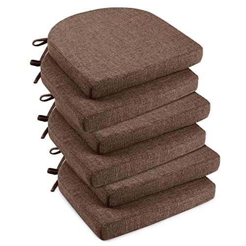 downluxe Indoor Chair Cushions for Dining Chairs, Soft and Comfortable Textured Foam Kitchen Chair Pads with Ties and Non-Slip Backing, 16' x 16' x 2', Brown, 6 Pack