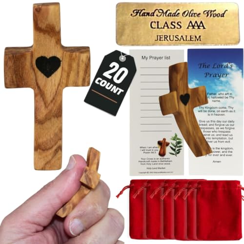 Holy Land Market Olive Wood Pocket Fidget Worry Thumb Crosses – Hand-Carved Prayer Crosses with Certificates & Velvet Pouches for Anxiety and Stress Relief - 20 Packs
