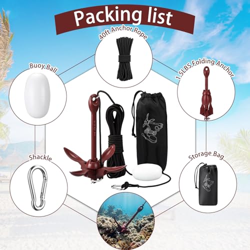 Image of MorningRo 1 Pack 1.5 /3.5 lb Marine Kayak Anchor Kit with 40ft Rope and Buoy Folding Grapnel Boat Anchor Kit Kayak Fishing Accessories for Small Boats, Canoe, SUP Paddle Boards