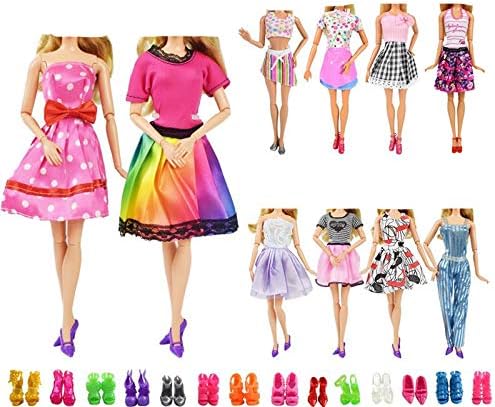 20 Items 10 Pcs Fashion Handmade Doll Clothes Set Outfits Party Dress and 10 Pairs Doll Shoes Different Doll Accessories for 11.5 Inch Girl Doll Set E