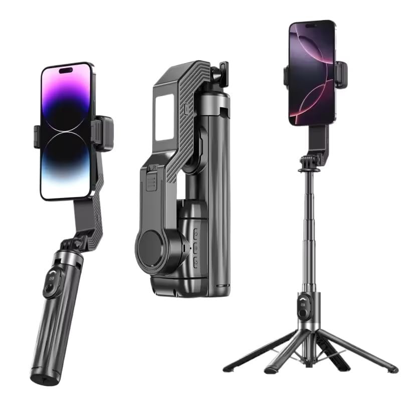 1-Axis Gimbal Stabilizer with Anti-Shake for iPhone & Android, 360° Auto Rotation, 101 cm Extendable Selfie Stick Rod & Tripod, 3-Color Selfie Light, Bluetooth Remote, Gyroscope Lock