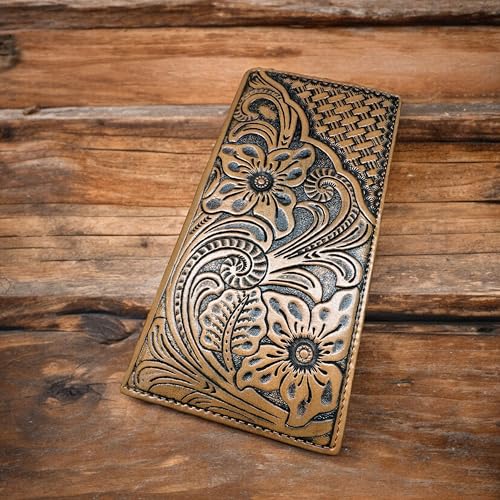 Men’s Long Leather Rodeo Wallet – Hand Tooled Basketweave, Brown Cowhide Inlay, Lone Star Concho – Western Checkbook Bifold Wallet2