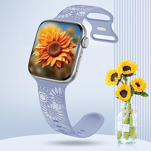 Image of Sunflower Engraved Band Compatible with Apple Watch Bands 38mm 40mm 41mm 42mm 44mm 45mm 49mm Women, Designer Soft Glossy Floral Silicone Strap for iWatch Series Ultra 11 10 9 8 7 6 SE 5 4 3 2 1