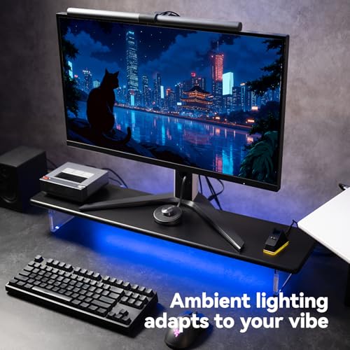 Image of Bamboo Monitor Stand Riser with RGB Lights,31.5 Inches Desktop Shelf with Acrylic Legs Supports for Desk, PC Computer Monitor, Laptops, Printer, Speakers (Black)